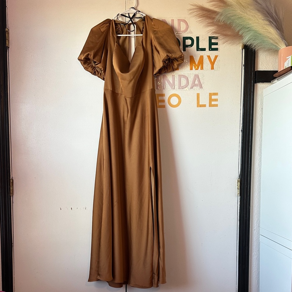 Birdy Grey Maxi Dress in Warm Brown with Puff Sleeves